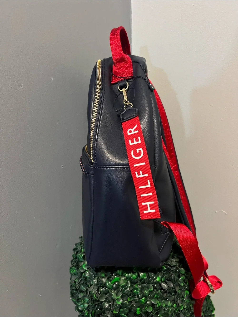Tommy Hilfiger Navy Backpack with Red Handle and Tricolor Accent like new